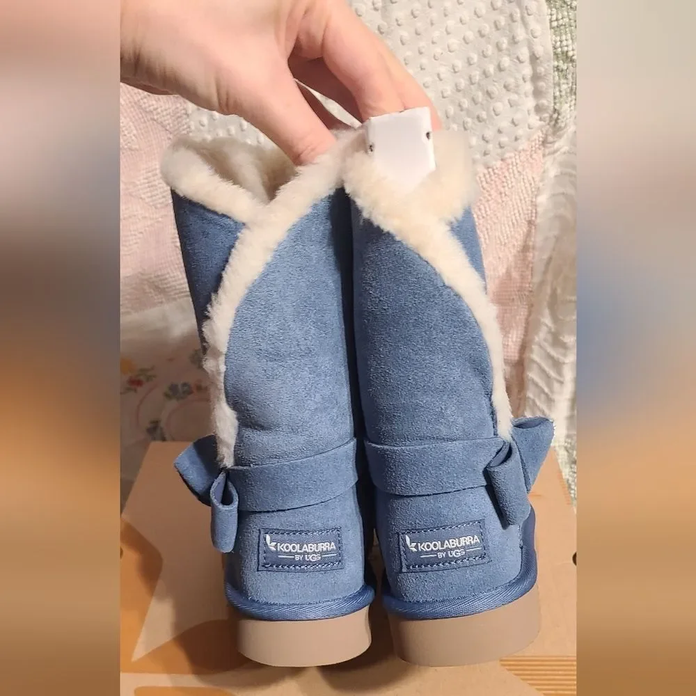 NEW UGG Koolaburra Shearling Sheepskin Bow Ribbon Blue Boots 6 And 10